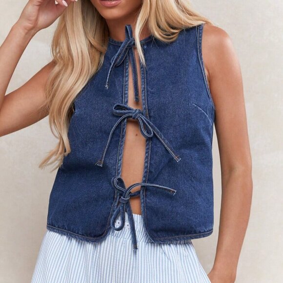 Blue Casual Women's Tie Detail Open Front Sleeveless Denim Top - Picture 1 of 4